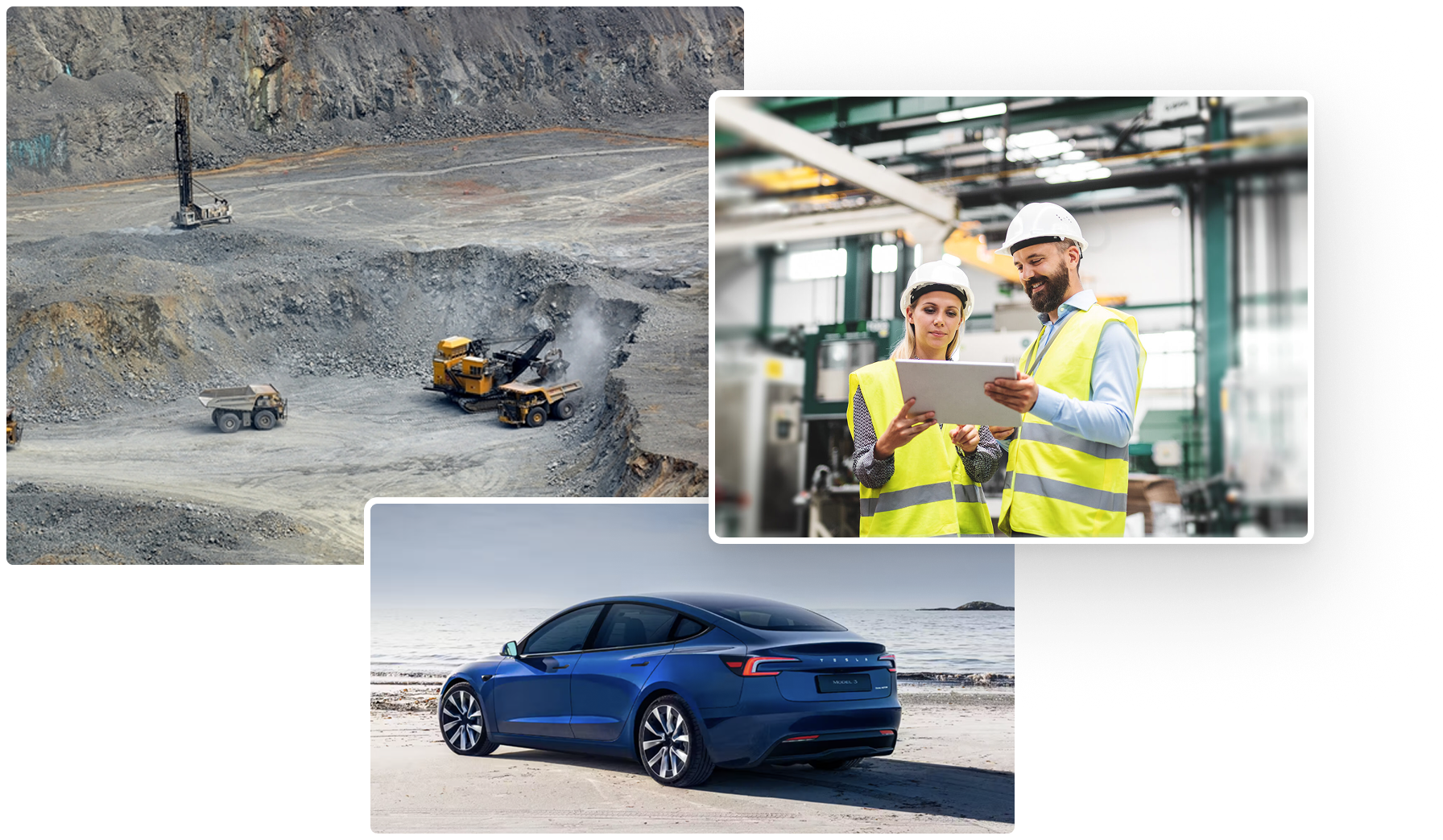 Engineers in safety gear with a tablet, cobalt mining and a Tesla Model 3