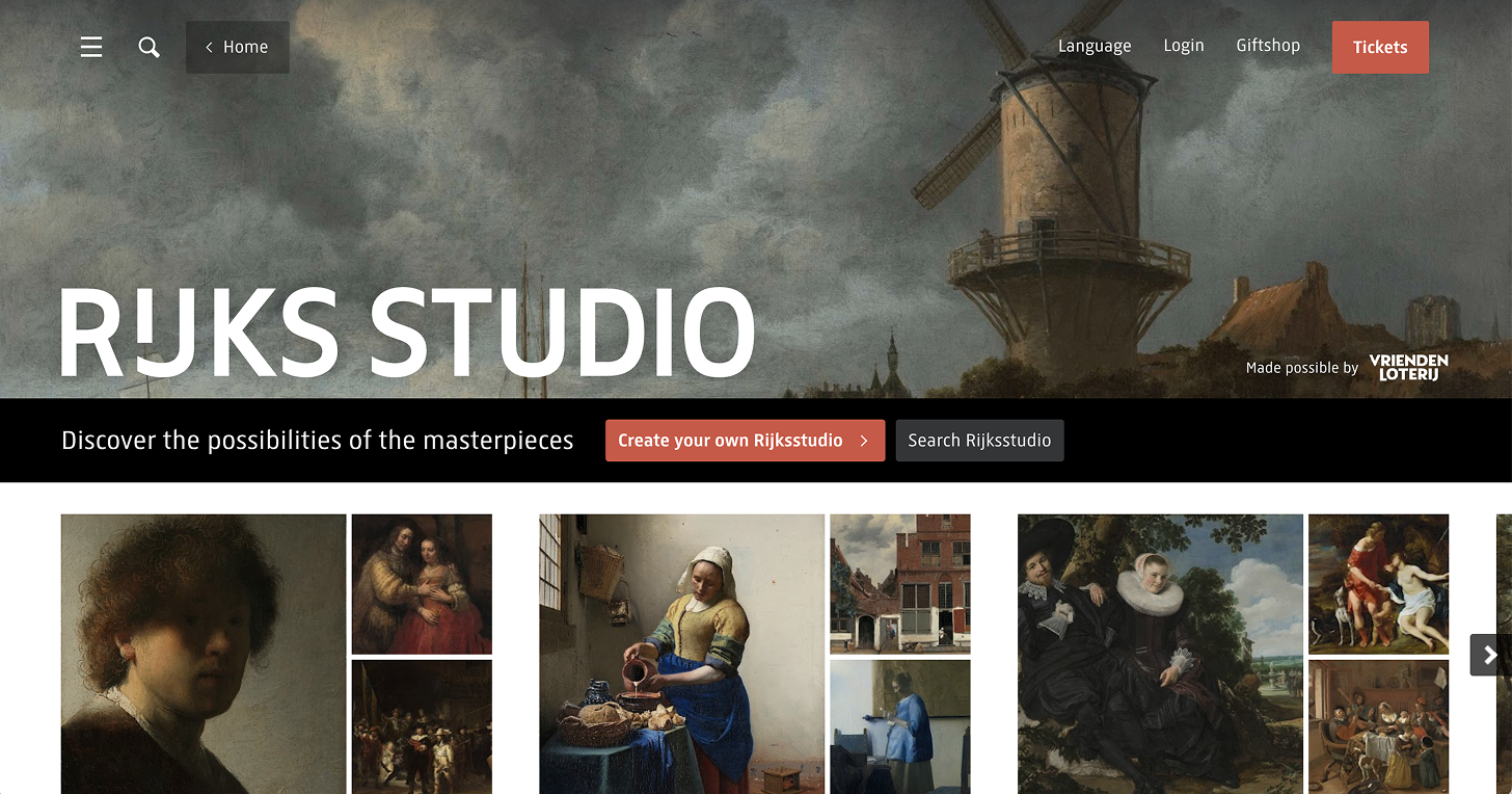 Rijksstudio homepage featuring masterpieces from the Rijksmuseum collection