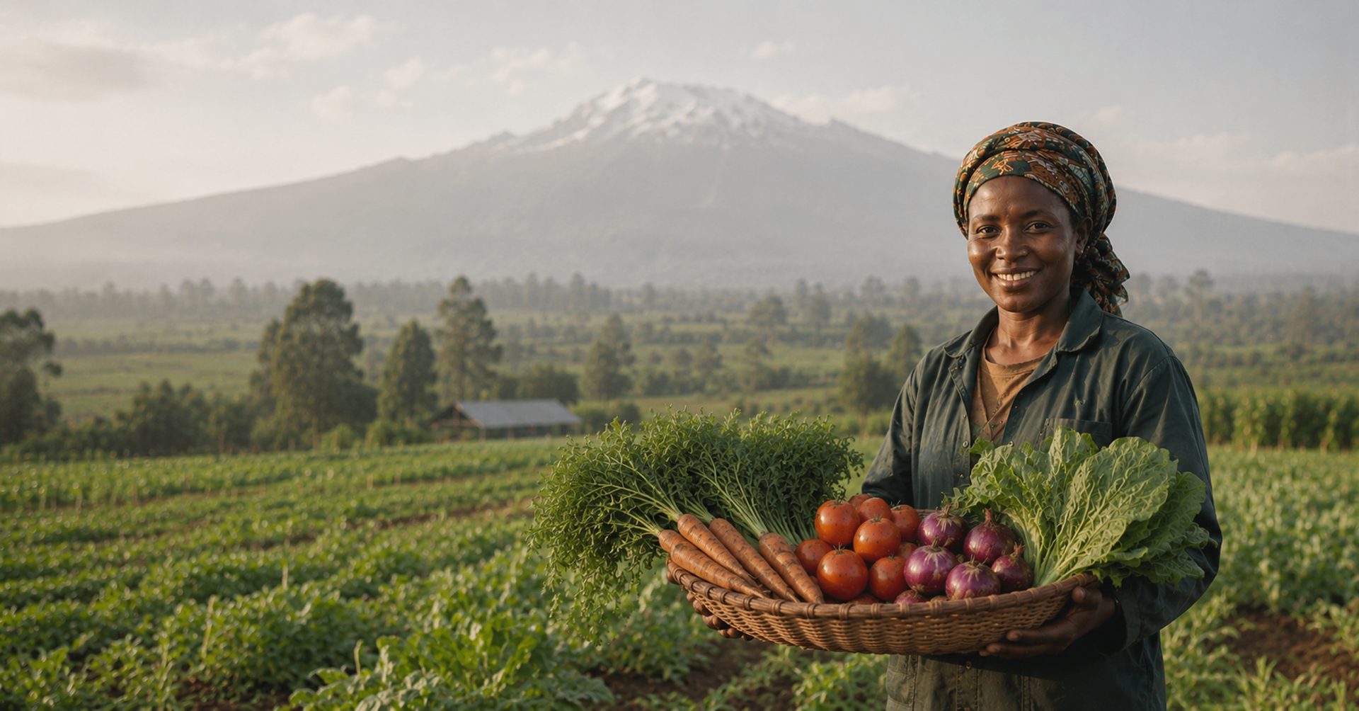 Farmer holding a basket of fresh vegetables in front of a mountain landscape