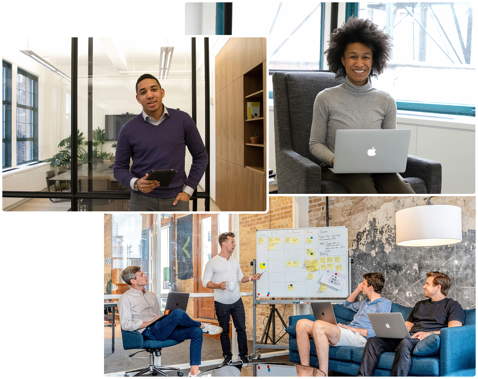 Quest Forecast team collaborating around a planning board in a brick-walled office